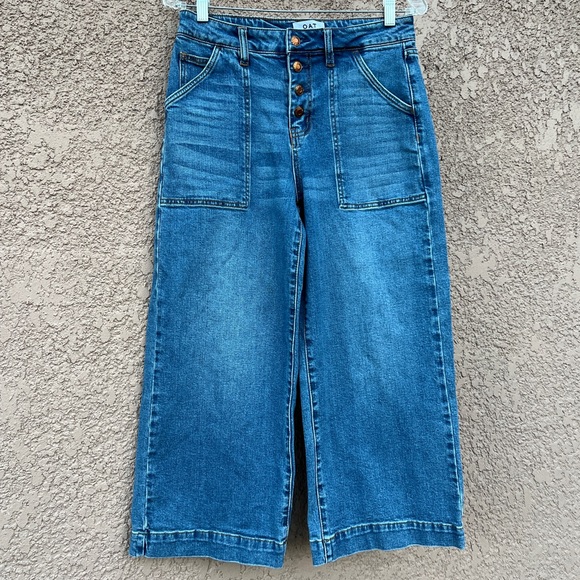 OAT New York Wide Leg Crop Jeans Women 29 High Rise Boho Festival 90s Button Fly - Picture 1 of 16